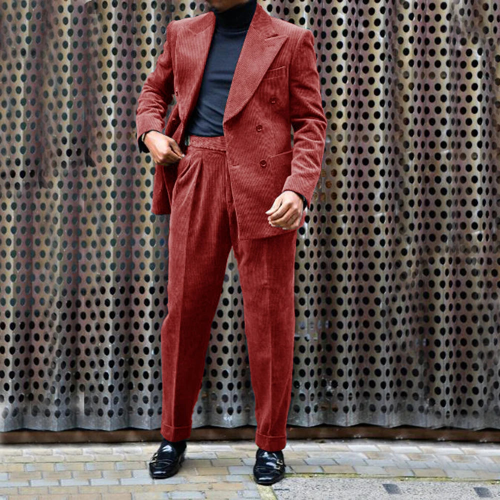 Ensemble Veste et pantalon en velours côtelé pour hommes, tenue de mariage décontractée, double boutonnage, revers Entièrement trempé, 2 pièces