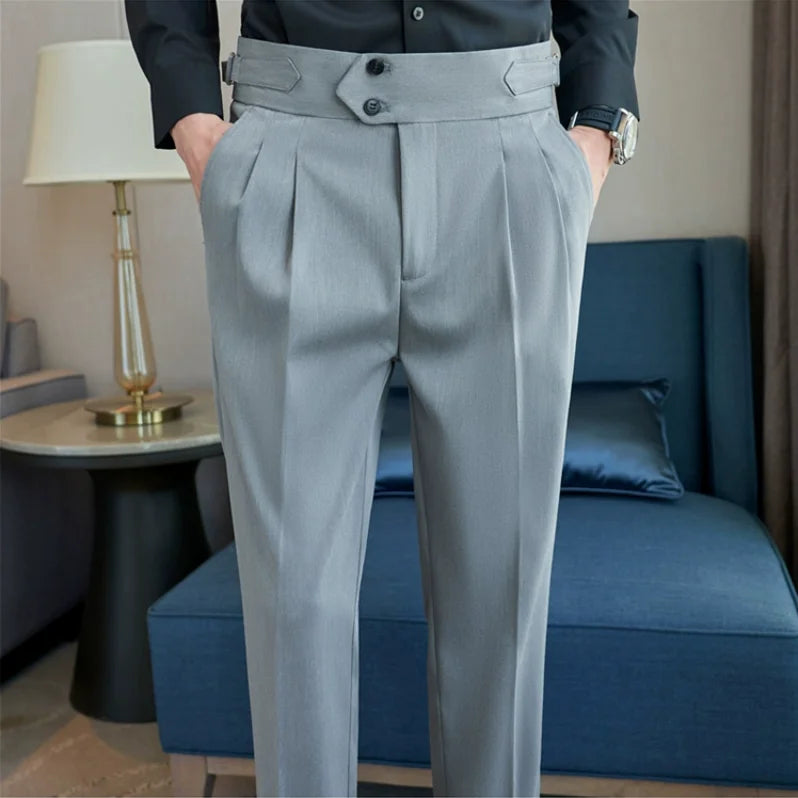 Style britannique hommes taille haute tenue décontractée pantalon hommes ceinture conception mince pantalon formel bureau Social robe de soirée de mariage costume pantalon