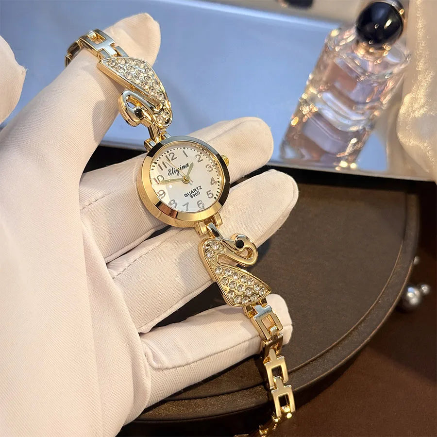 Ensemble Montre de luxe en diamant incrusté de perles pour femmes, cadeau pour femmes, collier, boucles d'oreilles, bague, montre-bracelet élégante, Suite de quatre pièces