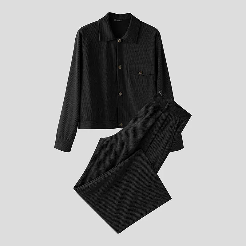 Hommes ensembles velours côtelé couleur unie revers manches longues vestes et pantalons deux pièces ensembles