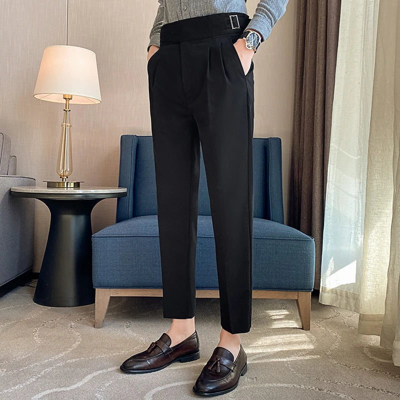 Style britannique hommes taille haute tenue décontractée pantalon hommes ceinture conception mince pantalon formel bureau Social robe de soirée de mariage costume pantalon