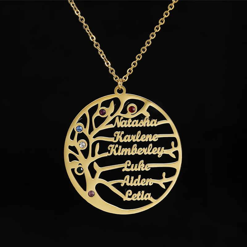 Collier personnalisé avec noms de famille, pendentif personnalisé en acier inoxydable avec chaîne cubaine de 3mm, pierre de naissance, cœur, câlin à la main, arbre de vie