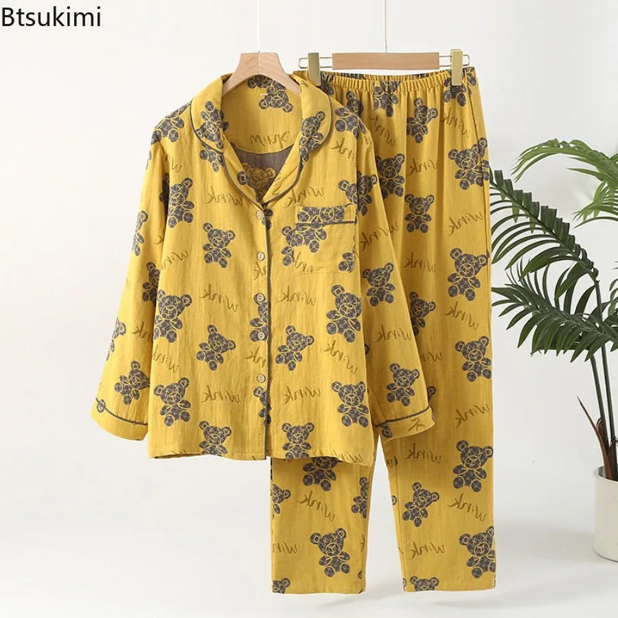 Pyjama rétro Double couche en pur coton pour femmes, ensemble deux pièces à manches longues, vêtements de maison, vêtements de nuit nouvelle collection 2026