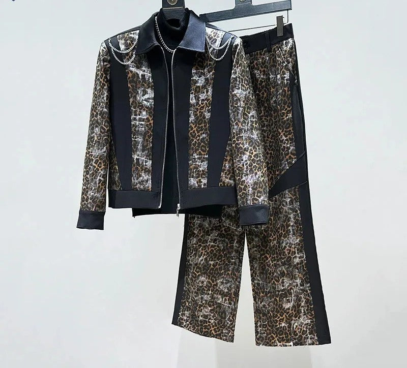 Ensemble  2 pièces pour hommes, tendance, nouvelle chaîne d'épissure, imprimé léopard, pantalon Long droit décontracté, nouvelle collection