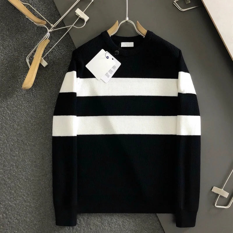 Pull  a rayure tendance pour hommes , automne et hiver, col rond décontracté  chauds