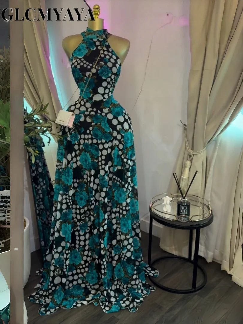 Robe pour  femmes imprimé sans manches avec ceintures ajusté et évasée  longues