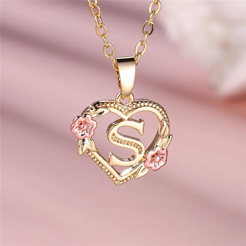 Collier pendentif fleur lettre A-Z pour femmes, couleur or jaune, bijoux de mariage, cadeau pour femmes
