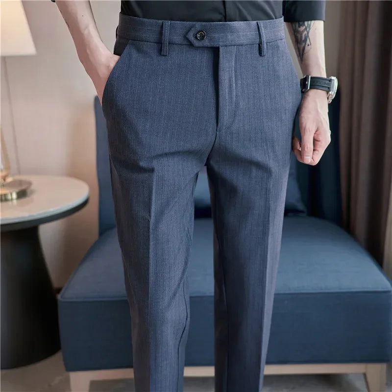 Pantalons décontractés à rayures noires pour hommes, trempés, vêtements de cérémonie pour hommes, robe de mariée, style britannique, affaires, boutique, qualité fjQuality
