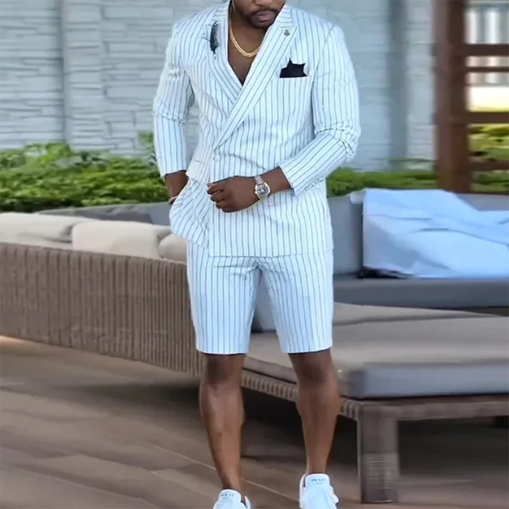 Blazer et Short à Rayures Verticales pour Homme, Veste d'Affaires Décontractée, à Revers, à la Mode, 2 Pièces, Été