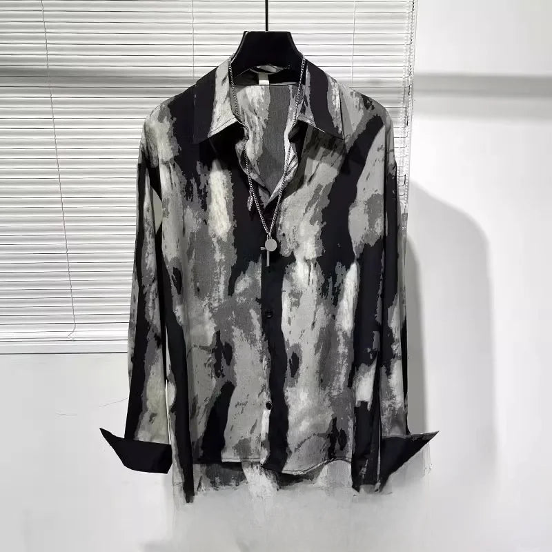 Chemise drapée polyvalente pour hommes, fine, personnalité originale, imprimé asymétrique, ample