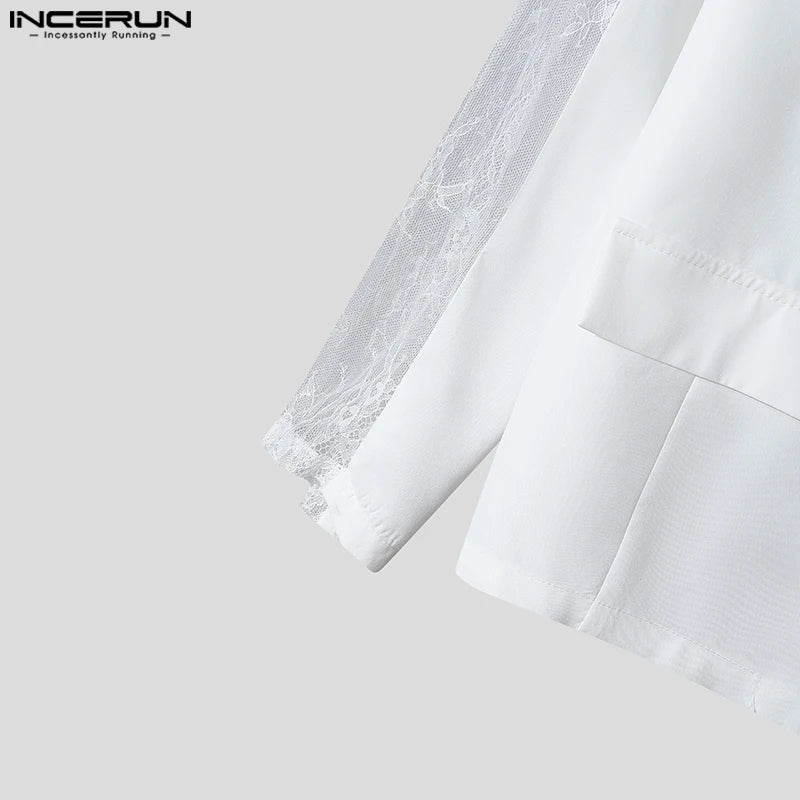 Mode Style décontracté hauts INCERUN nouveaux hommes Perspective dentelle épissage conception costume manteaux mâle solide à manches longues Blazer S-5XL 2024