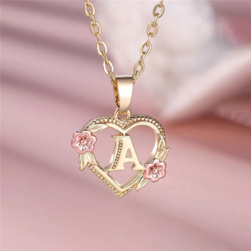 Collier pendentif fleur lettre A-Z pour femmes, couleur or jaune, bijoux de mariage, cadeau pour femmes