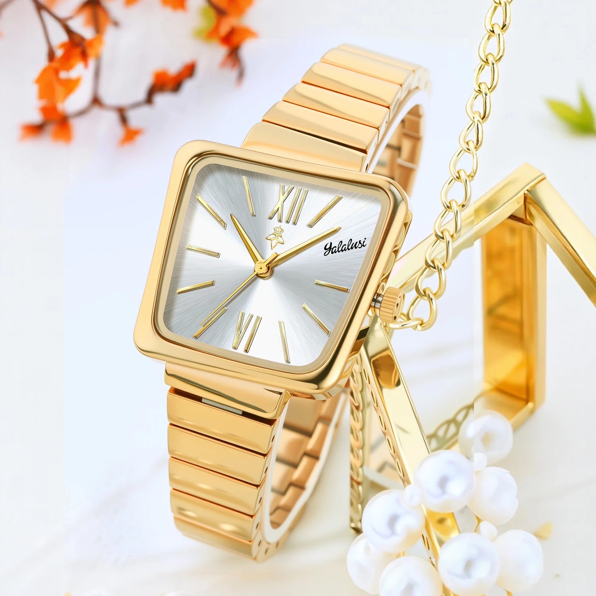 YaLaLuSi Montre à quartz dorée personnalisée pour femme Boîte cadeau de luxe au design minimaliste plaqué or incluse Cadeau parfait pour les femmes