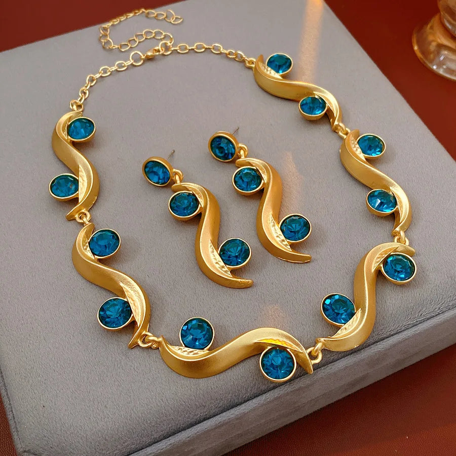 1/2 pièces Unique vague ronde longues boucles d'oreilles bleu strass chaîne réglable collier bohème femmes mode bijoux ensemble vacances N