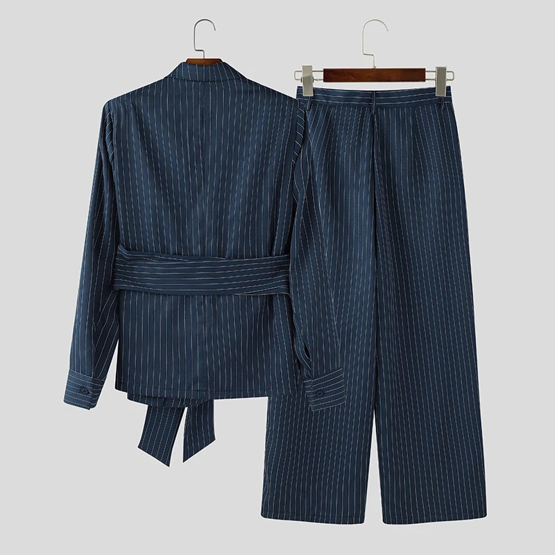 Ensemble homme  Striped Sets Elegant Long Sleeve Lace Up Blazer & Pants Two Pieces Sets Streetwear Loose Fashion Casual Men's Suits