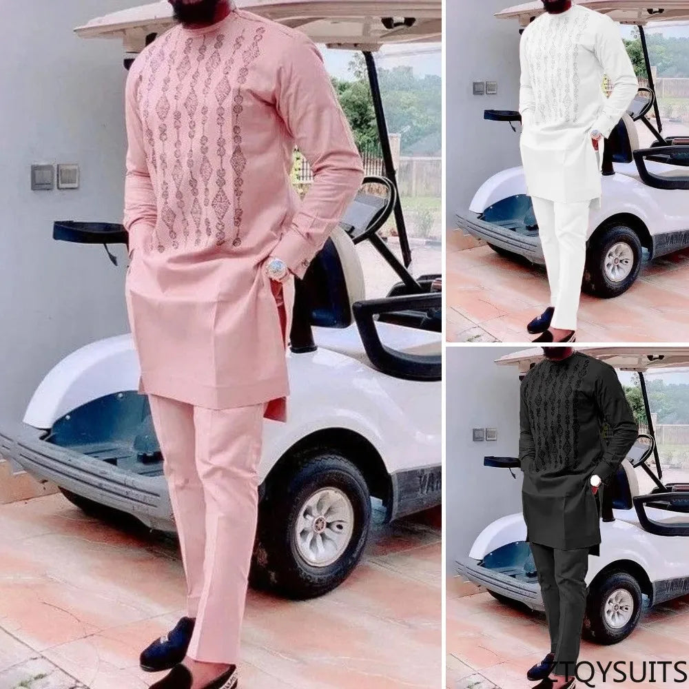 Ensemble deux pièces pour hommes, costume africain à manches longues, col rond, chemise imprimée, pantalon, tenues traditionnelles de fête de mariage, costumes Slim