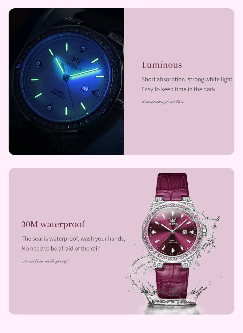 OLEVS Original femmes montres diamant tour mode bracelet en cuir 3m étanche lumineux dames montre-bracelet montre à Quartz pour les femmes