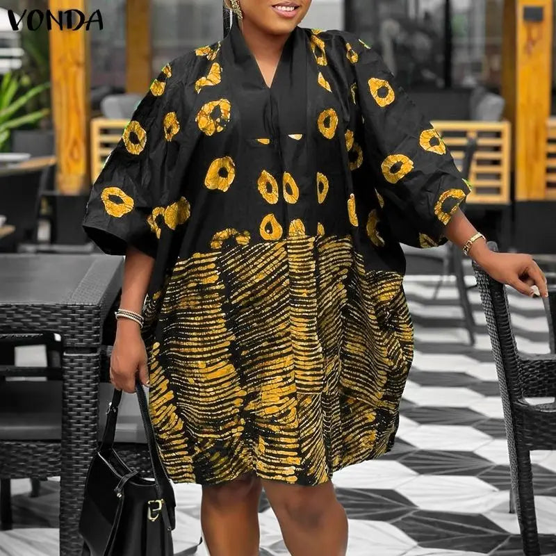Tunique Grande taille bohème robes imprimer Mini robes femmes 3/4 manches col en v décontracté ample