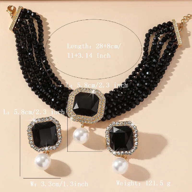 FYUAN-Ensembles de bijoux multicouches pour femmes, collier en cristal, boucles d'oreilles en perles carrées géométriques, banquet de mariage, vert, rouge, bleu, noir