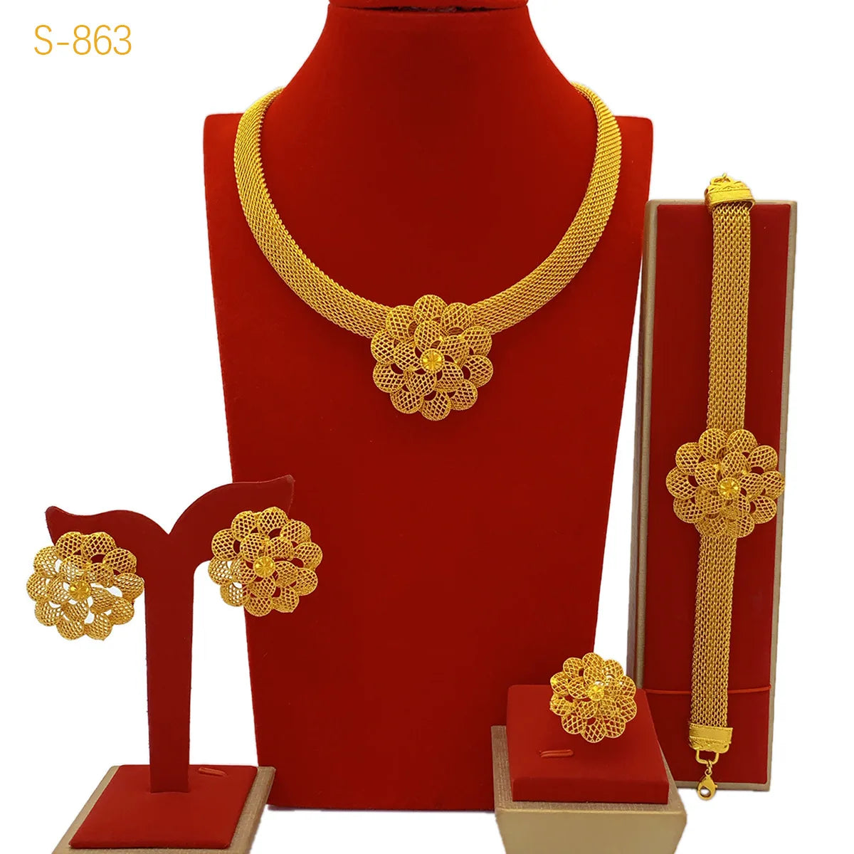 Ensemble de bijoux de mariage de luxe AU999 en or 24 carats avec fleurs! 4 pièces (bracelet + boucles d'oreilles + bague + collier) flatteur, signification de bénisse pour jeunes mariés