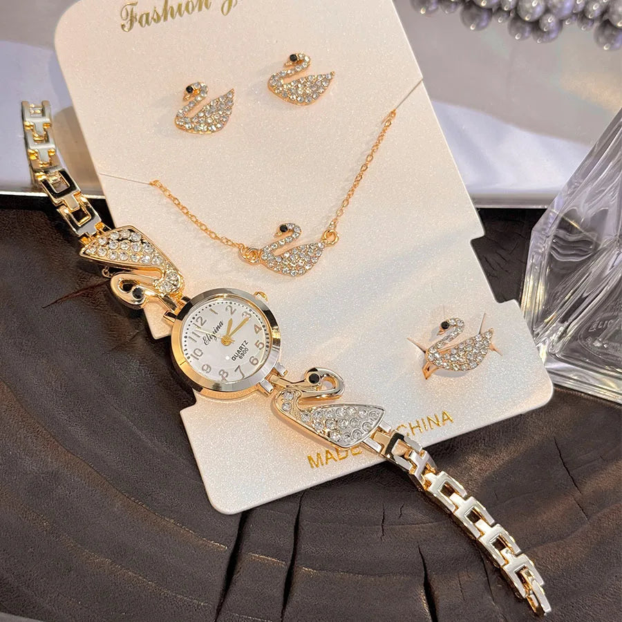 Ensemble Montre de luxe en diamant incrusté de perles pour femmes, cadeau pour femmes, collier, boucles d'oreilles, bague, montre-bracelet élégante, Suite de quatre pièces
