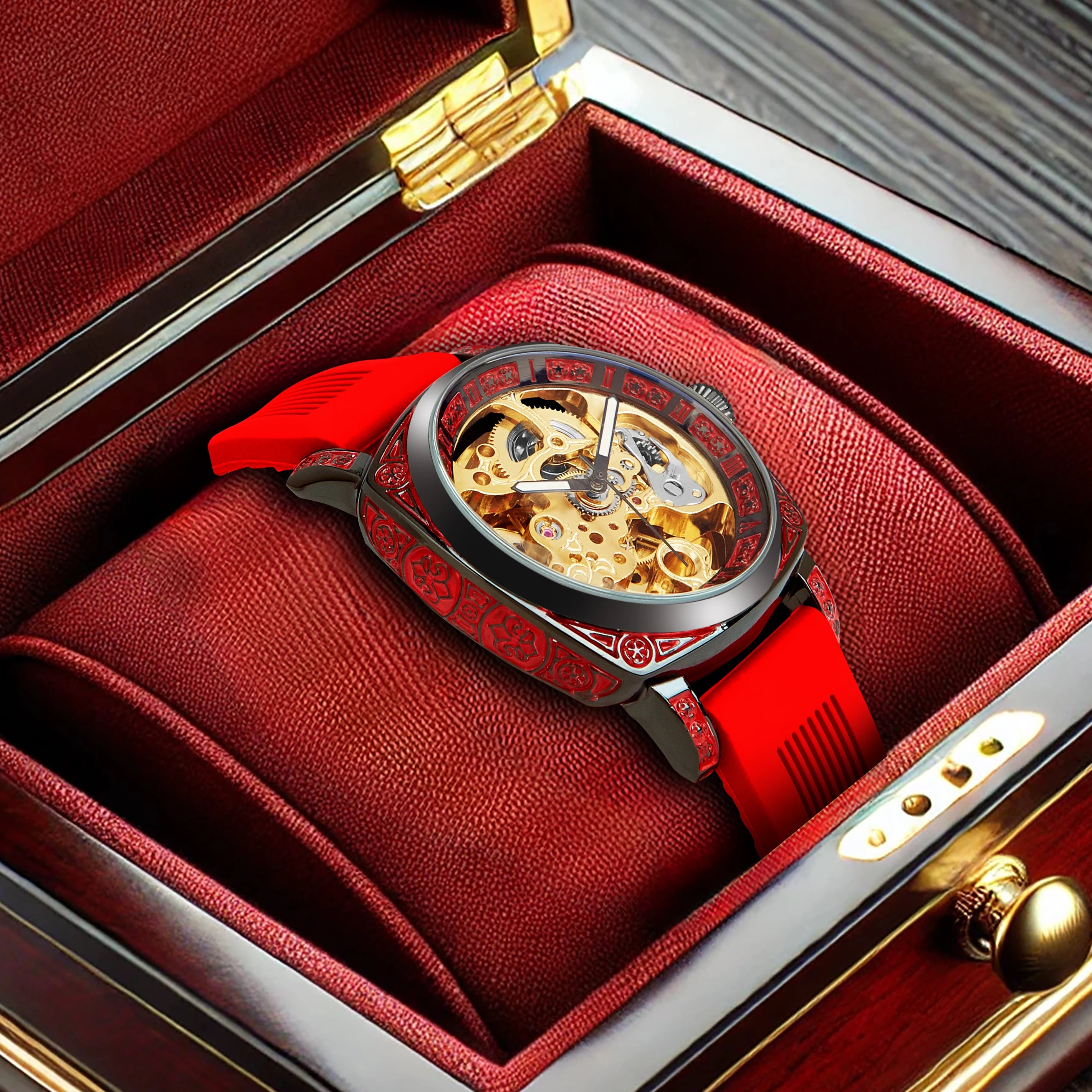 Montre mécanique entièrement automatique pour femme avec ruban rouge doré, style décontracté, veilleuse élégante, fleurs sculptées, neuve