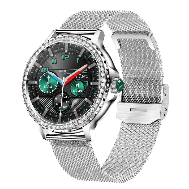 Montre intelligente diamant femme bracelet en métal 1.3 pouces écran HD appels Bluetooth moniteur de santé décoration de mode montre-bracelet