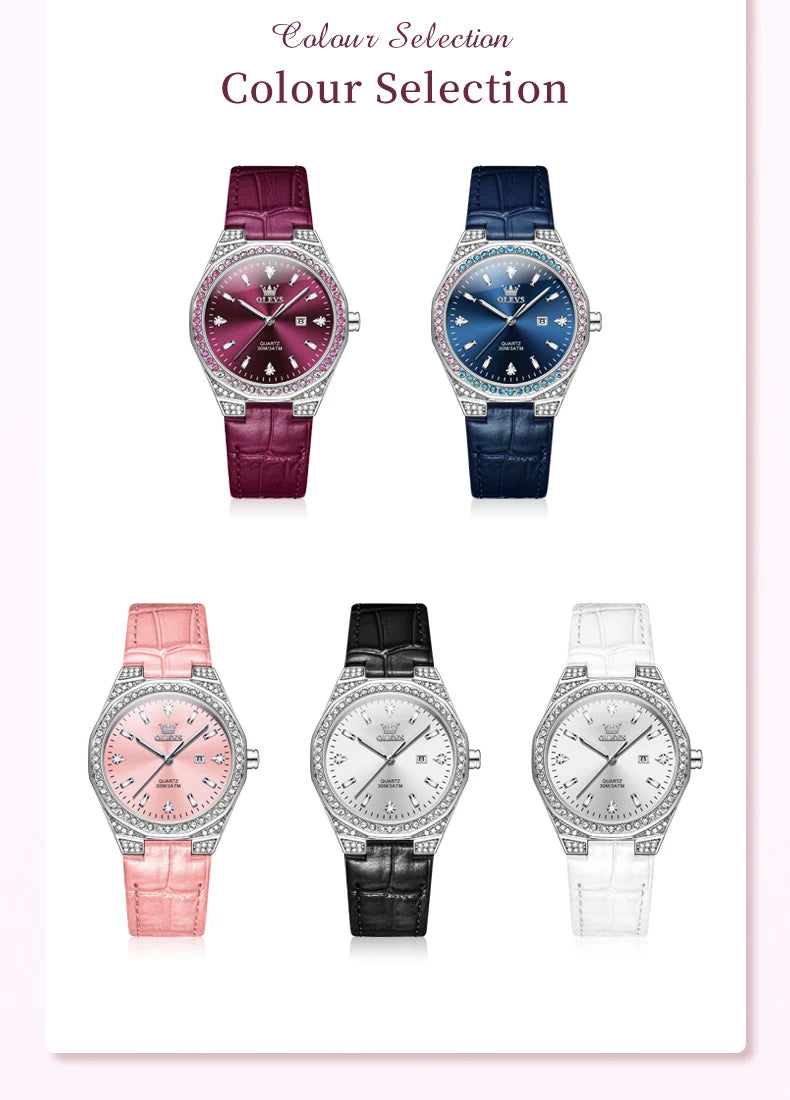 OLEVS Original femmes montres diamant tour mode bracelet en cuir 3m étanche lumineux dames montre-bracelet montre à Quartz pour les femmes
