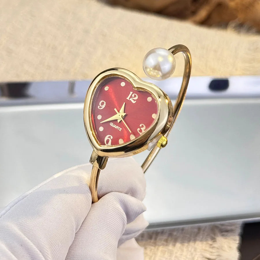 Montre Style Bracelet conception ouverte perle amour montre à Quartz, forme de coeur délicate, montre pour femme Portable nouveau style