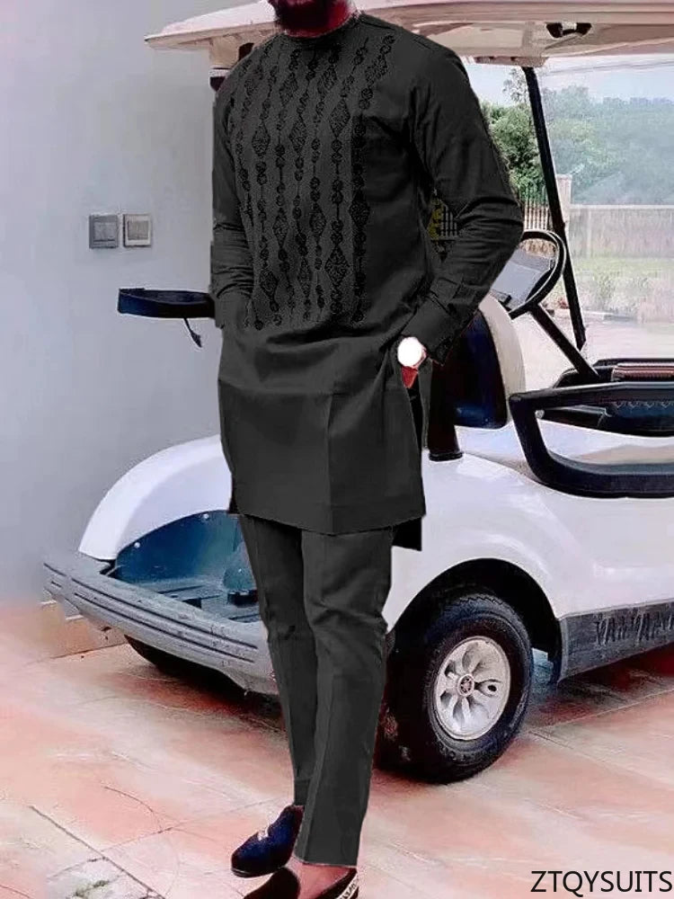 Ensemble deux pièces pour hommes, costume africain à manches longues, col rond, chemise imprimée, pantalon, tenues traditionnelles de fête de mariage, costumes Slim