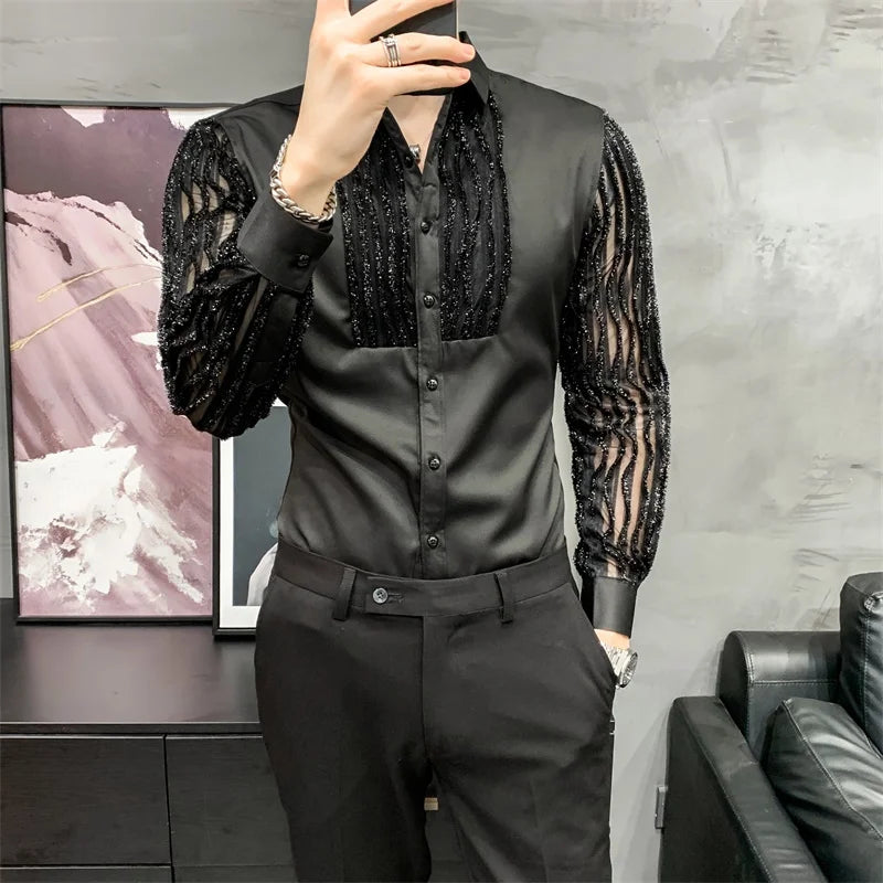 Chemises ajourées en dentelle pour hommes, manches longues, coupe Slim, Streetwear, fête sociale, Blouse, discothèque, chanteur, vêtements Dj, Camisas Para Hombre