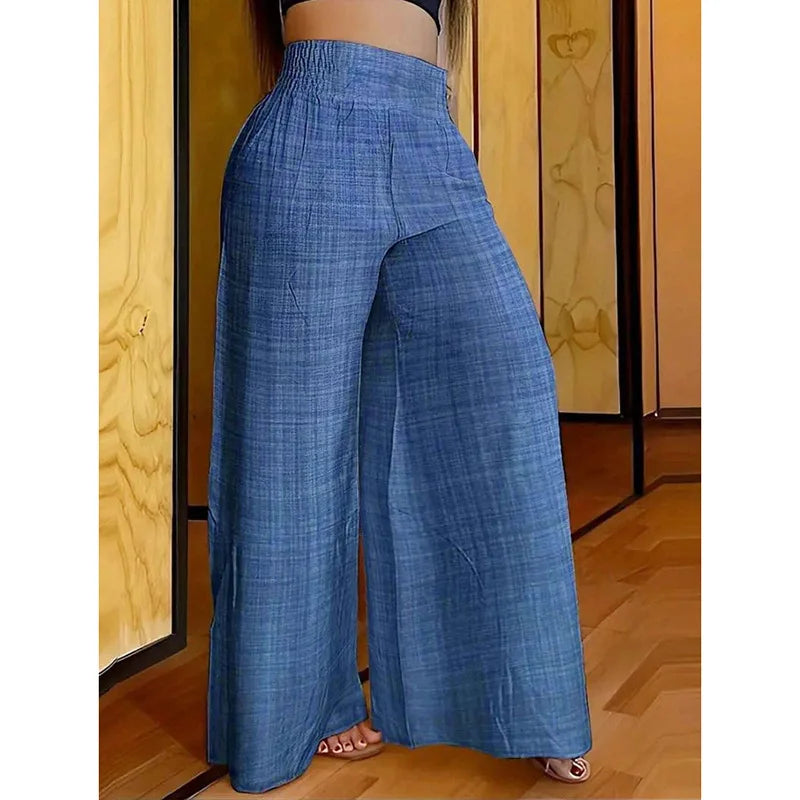 Pantalon taille haute pour femme, taille élastique fine, bleu, Slim, à la mode et polyvalent, jambes larges, 2026