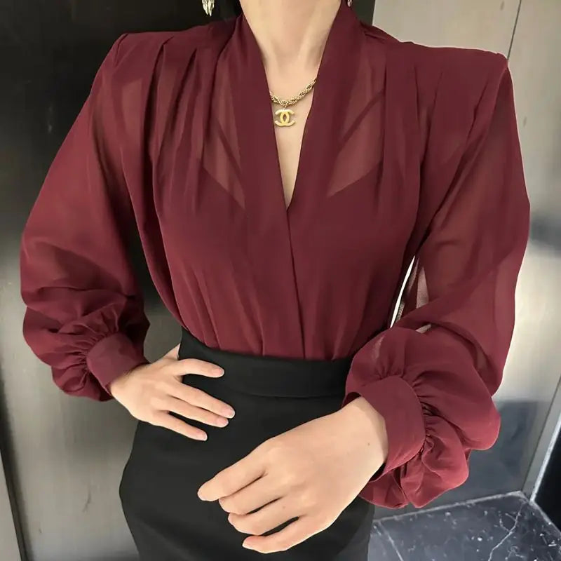 Chemisier pour femmes, haut de gamme, col en v, tempérament, ample,  manches lanternes,en mousseline de soie