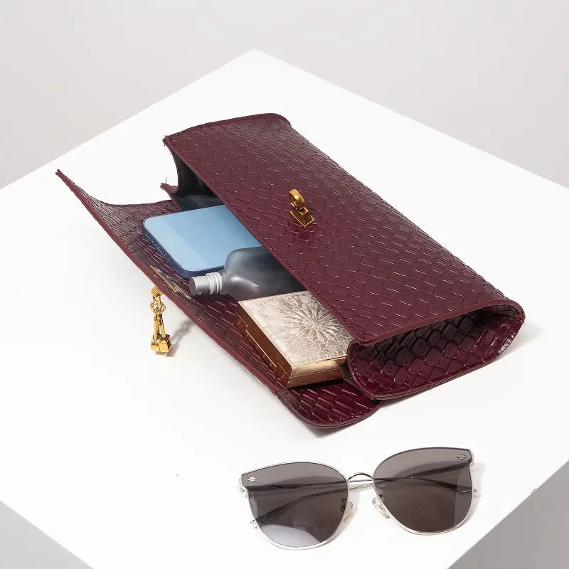 Sac à main rectangulaire tissé en simili cuir rétro, pochette pour femme, avec fermeture éclair, sac de dîner élégant, portefeuille rouge vin