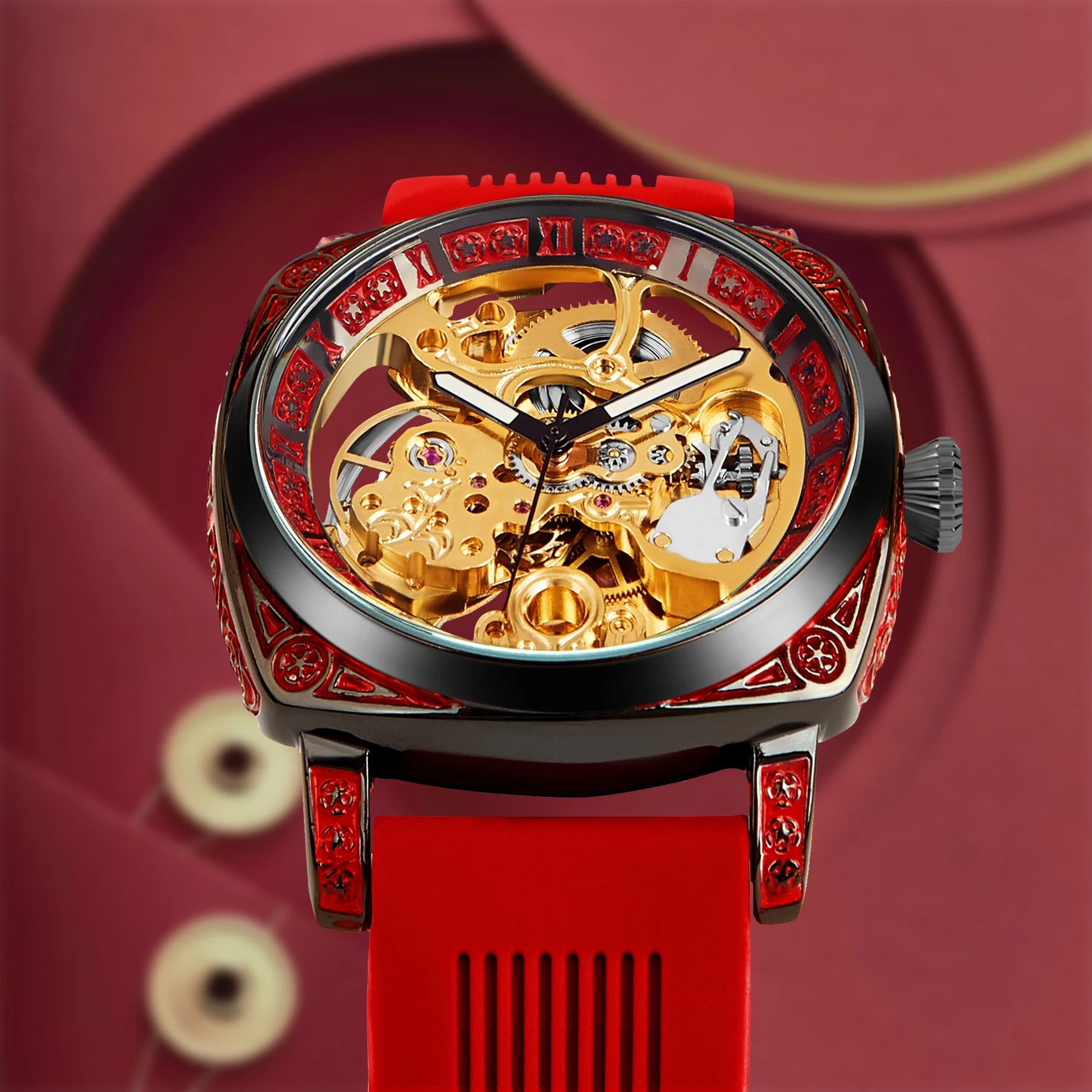 Montre mécanique entièrement automatique pour femme avec ruban rouge doré, style décontracté, veilleuse élégante, fleurs sculptées, neuve