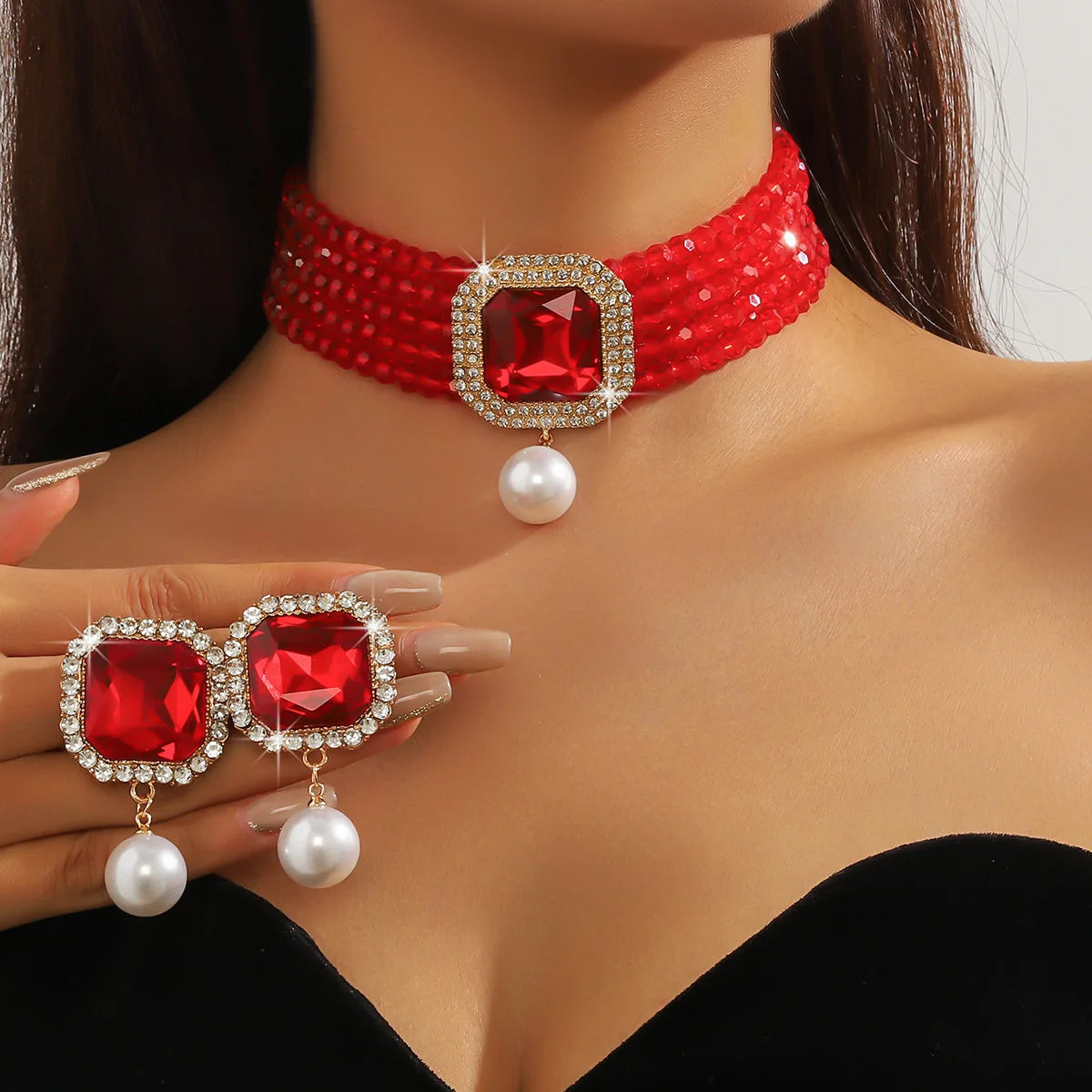 FYUAN-Ensembles de bijoux multicouches pour femmes, collier en cristal, boucles d'oreilles en perles carrées géométriques, banquet de mariage, vert, rouge, bleu, noir