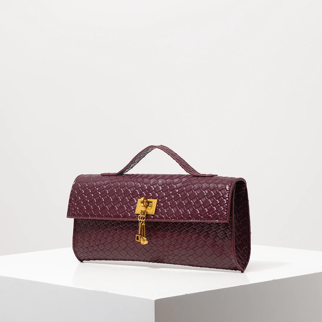 Sac à main rectangulaire tissé en simili cuir rétro, pochette pour femme, avec fermeture éclair, sac de dîner élégant, portefeuille rouge vin