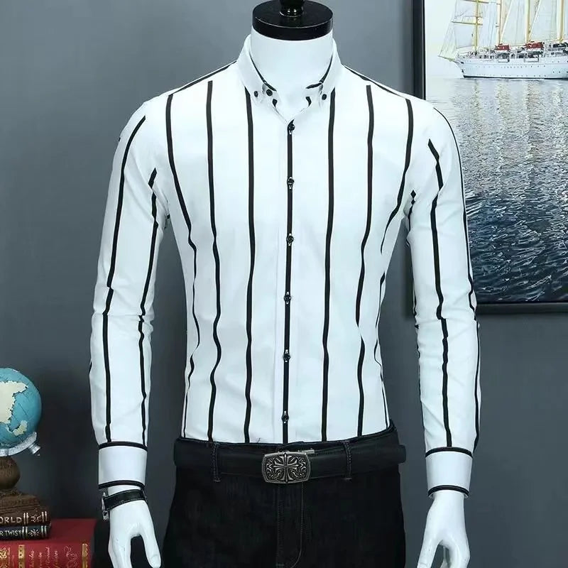 Chemise habillée classique à rayures pour hommes, chemises d'affaires à manches longues, coupe cintrée, grande taille M-5XL