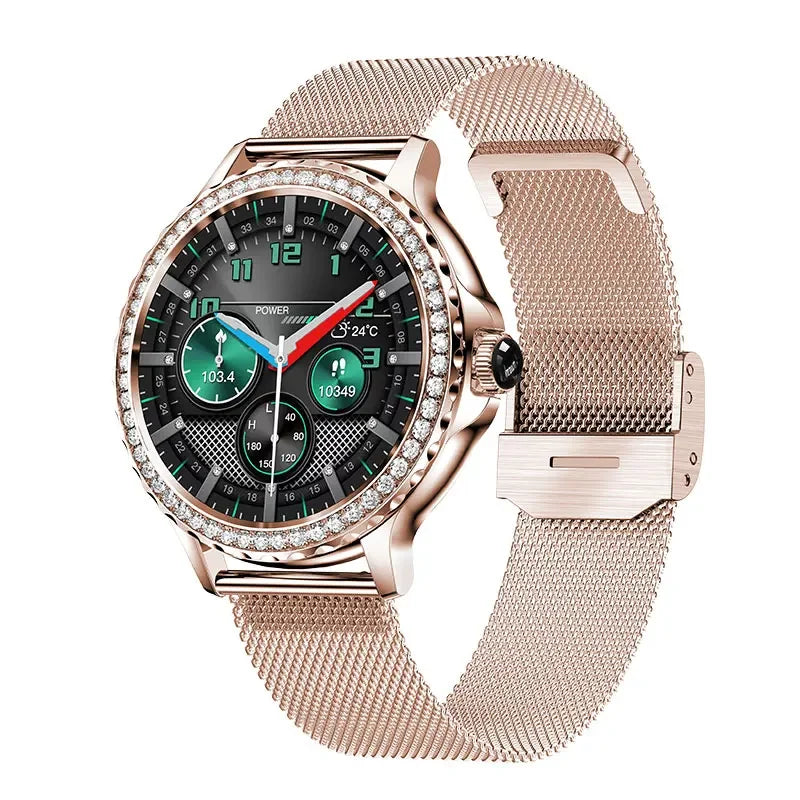 Montre intelligente diamant femme bracelet en métal 1.3 pouces écran HD appels Bluetooth moniteur de santé décoration de mode montre-bracelet