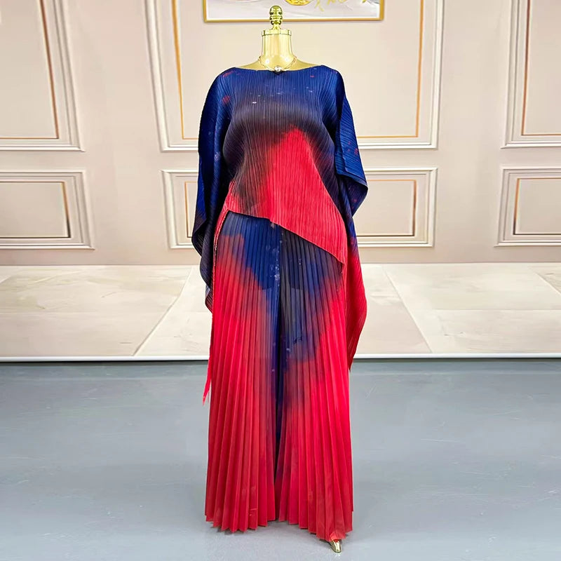 Ensemble femme Chic impression plissée  deux pièces pull irrégulier haut et taille élastique pantalon à jambes larges collection 2026