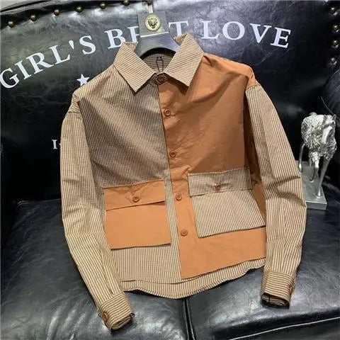 Chemise Simple à manches longues pour hommes, avec blocage de couleur, tendance et beau, vêtements d'extérieur haut de gamme, Patchwork, veste supérieure cintrée
