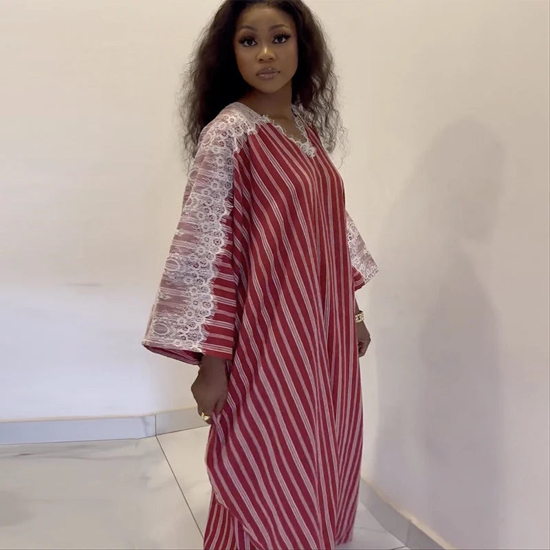 Robe mode dentelle Patchwork à manches longues   Nouveau Design rayé pour femmes col en V lâche