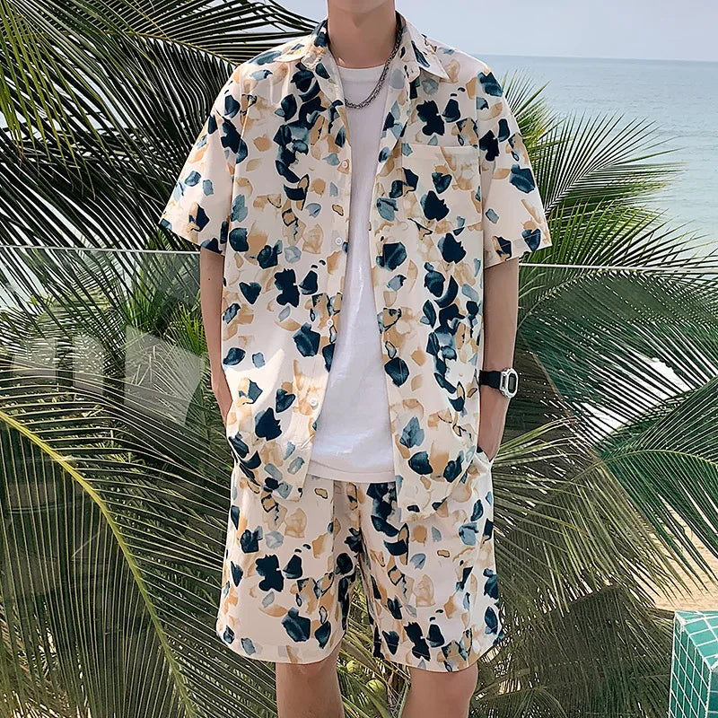 Ensemble de shorts assortis pour hommes, chemises à lettres rayées, tenues à imprimé floral, manches courtes, taille élastique, mince, surdimensionné, été