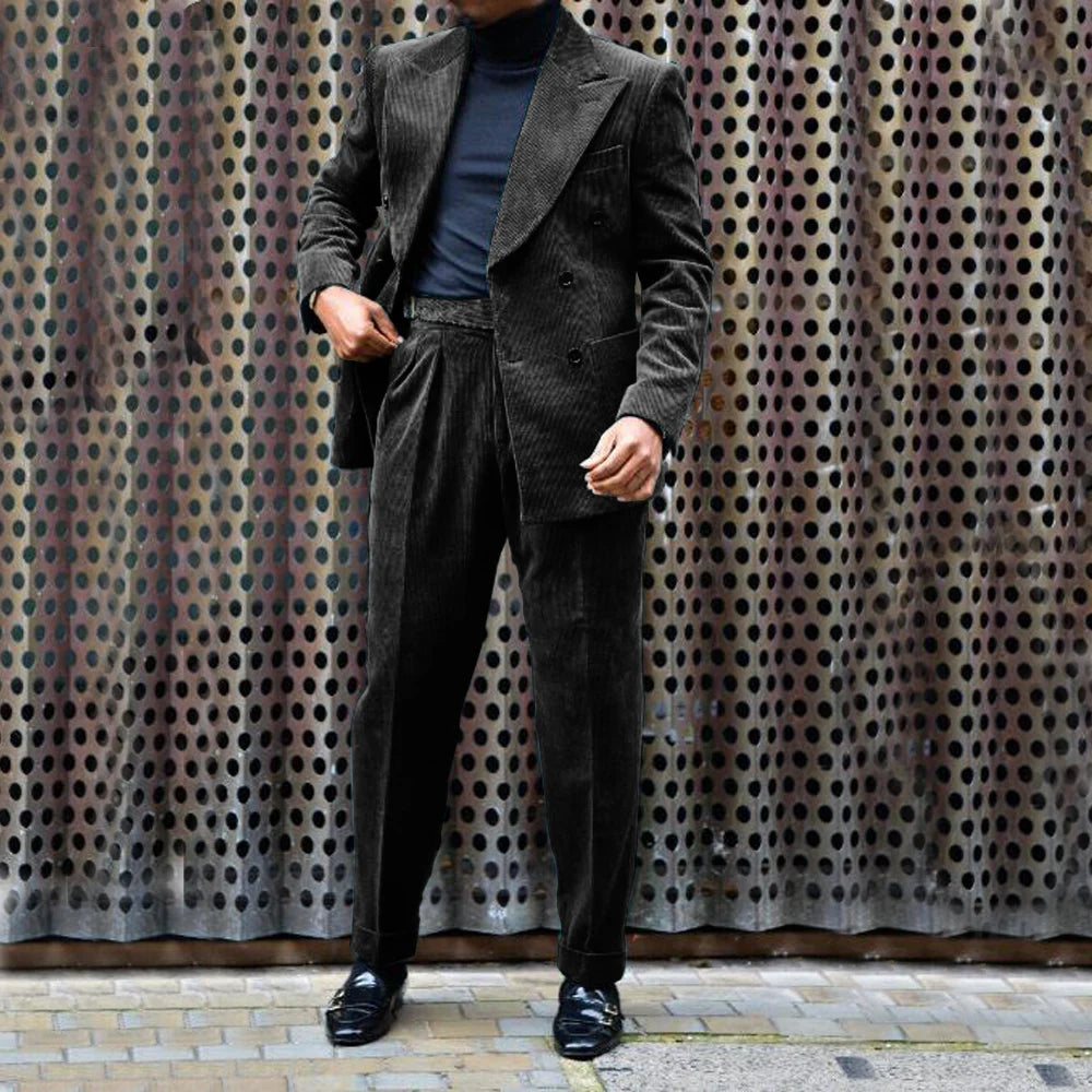 Ensemble Veste et pantalon en velours côtelé pour hommes, tenue de mariage décontractée, double boutonnage, revers Entièrement trempé, 2 pièces