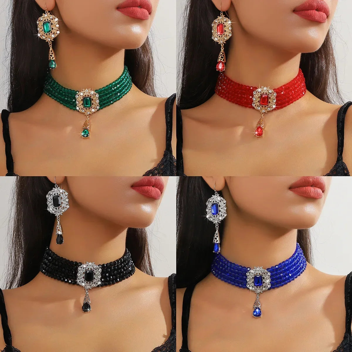 Collier multicouche Vintage en cristal vert rouge bleu noir, boucles d'oreilles géométriques en alliage creux pour femmes, ensembles de bijoux de Banquet de mariage