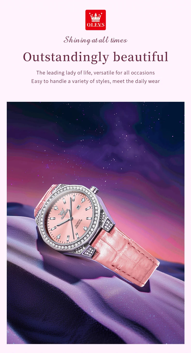 OLEVS Original femmes montres diamant tour mode bracelet en cuir 3m étanche lumineux dames montre-bracelet montre à Quartz pour les femmes