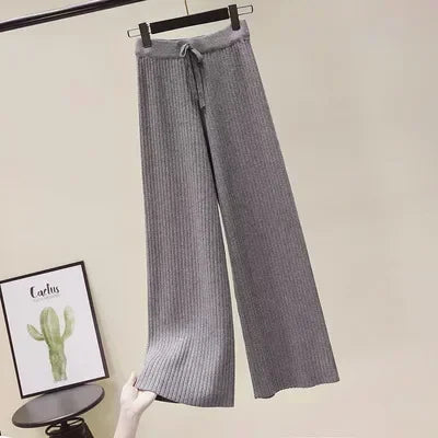 Pantalon drapé taille haute à jambes larges pour femme, décontracté, ample, en tricot, jambes droites, à lacets, couleur unie, 2026