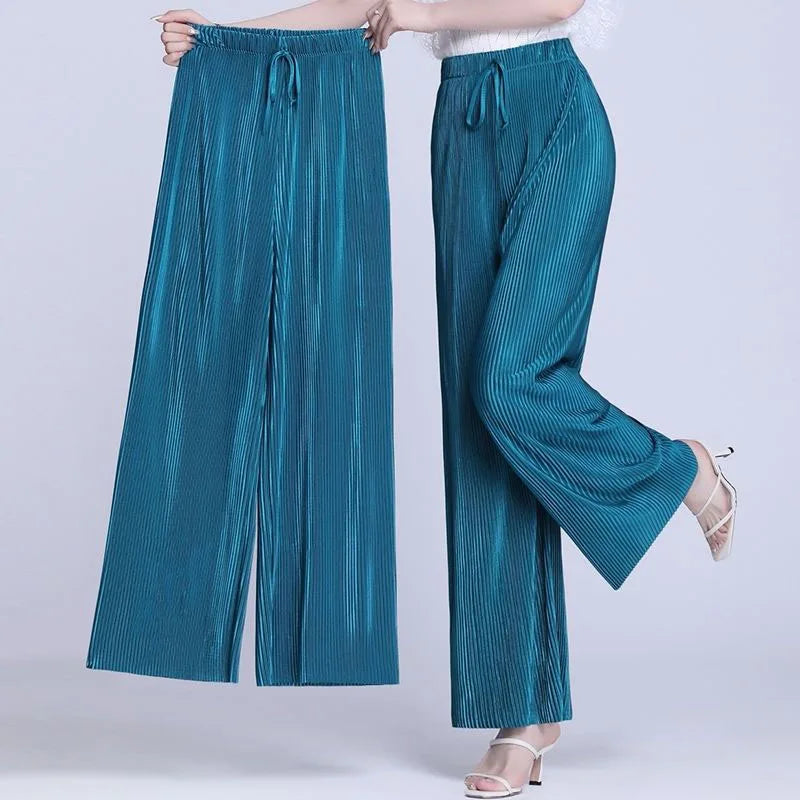 Pantalon d'été plissé en soie pour femmes, couleur unie, taille élastique, jambes larges, décontracté, en mousseline de soi