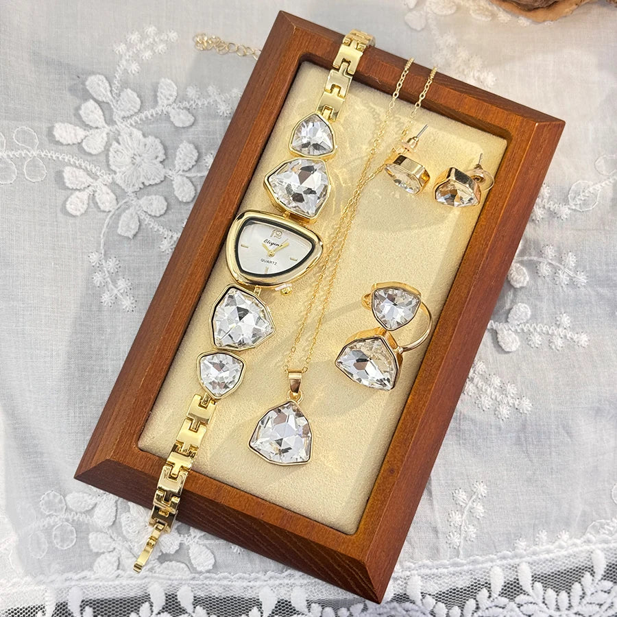Ensemble de bijoux, cadeau quatre pièces  Montre à Quartz de luxe pour femmes, diamant coloré, forme irrégulière, collier, bague, boucles d'oreilles, , Trendsetter