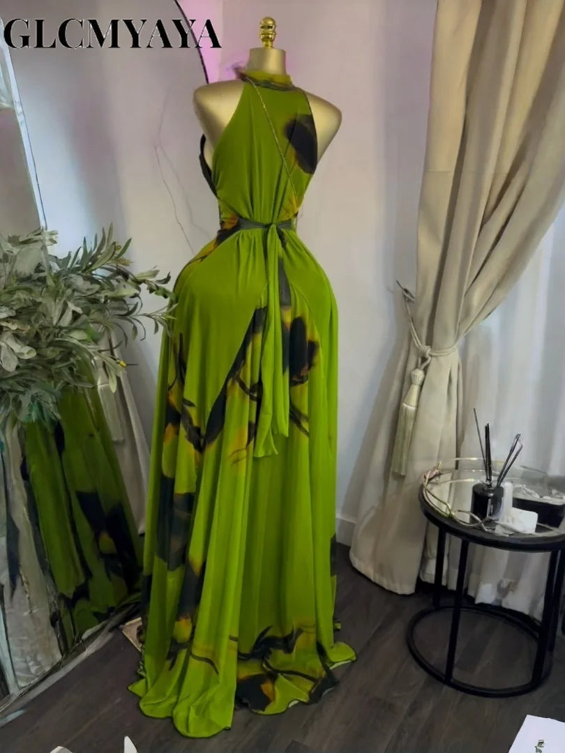 Robe pour  femmes imprimé sans manches avec ceintures ajusté et évasée  longues